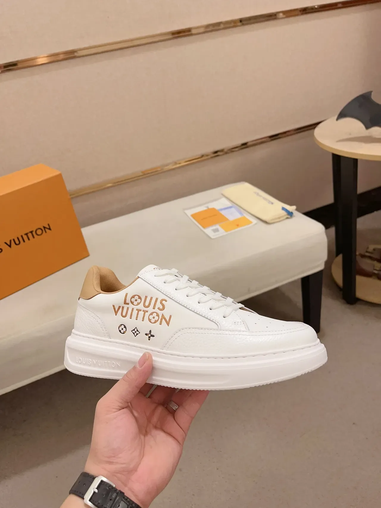 Louis Vuitton LV Trainer White Beige Leather Gold Logo Panel Lifestyle Sneakers 4