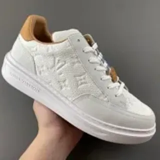 Louis Vuitton LV Trainer Branco Bege Monogram-Embossed Couro Sola Plataforma Tênis Lifestyle