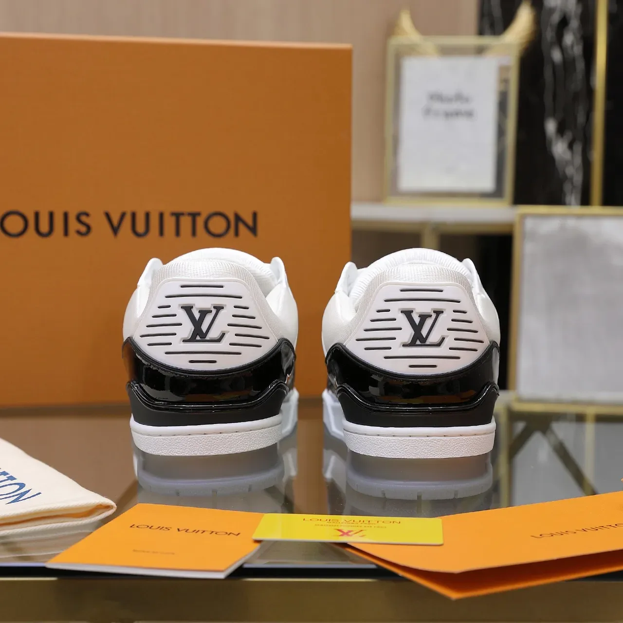 Louis Vuitton LV Trainer White Black Embossed Monogram Leather Glossy Patent Strap Lifestyle Sneakers 2
