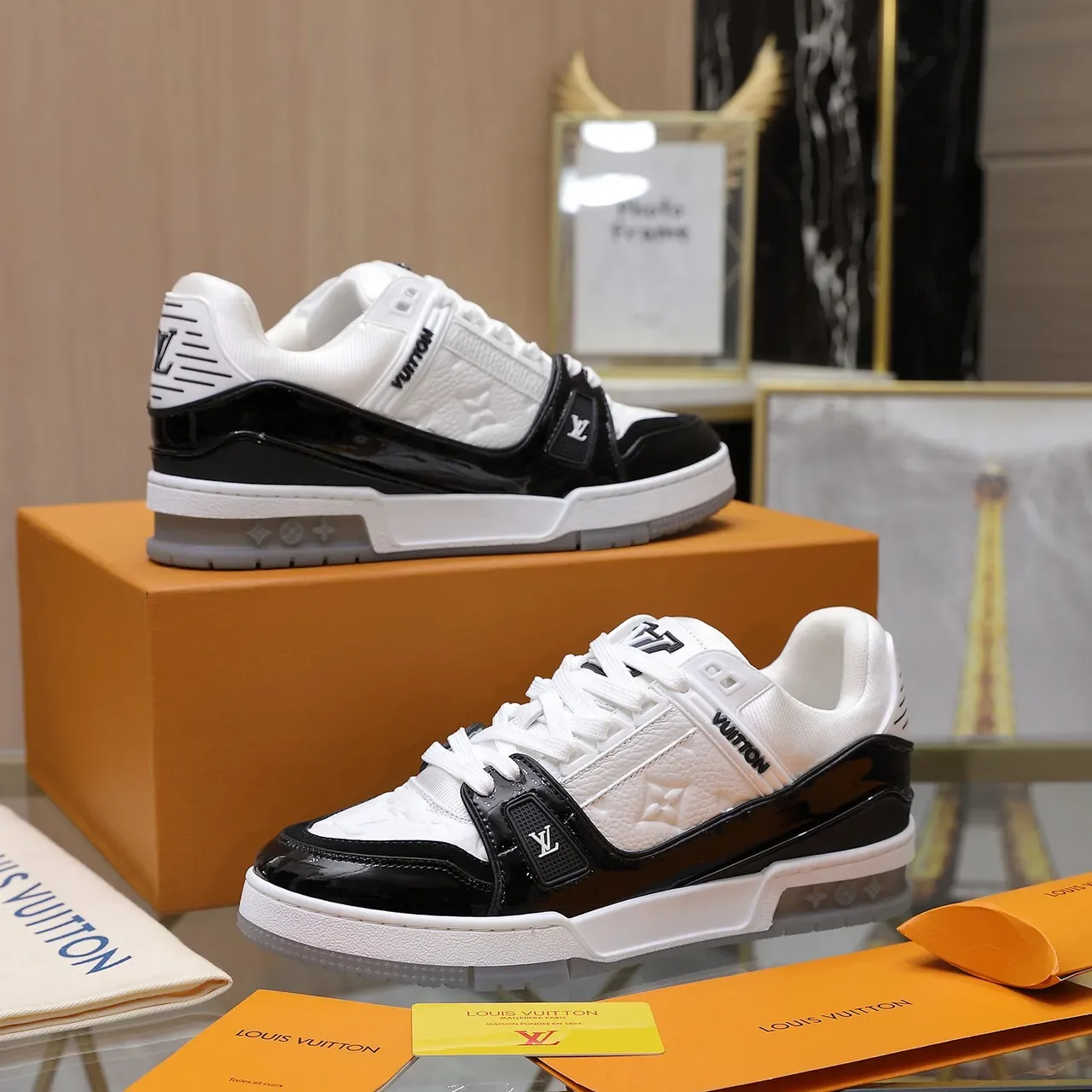 Louis Vuitton LV Trainer White Black Embossed Monogram Leather Glossy Patent Strap Lifestyle Sneakers 3