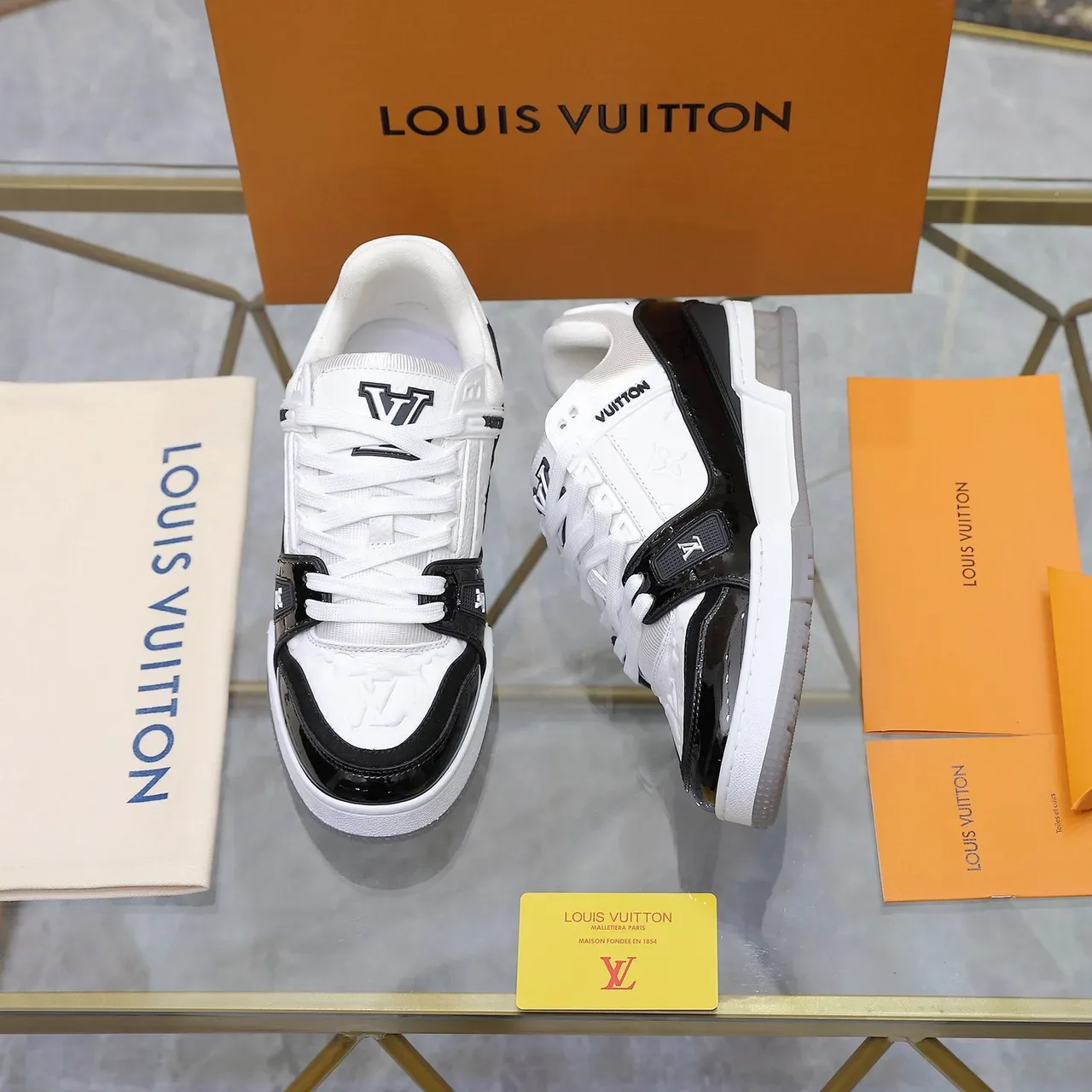 Louis Vuitton LV Trainer White Black Embossed Monogram Leather Glossy Patent Strap Lifestyle Sneakers 4