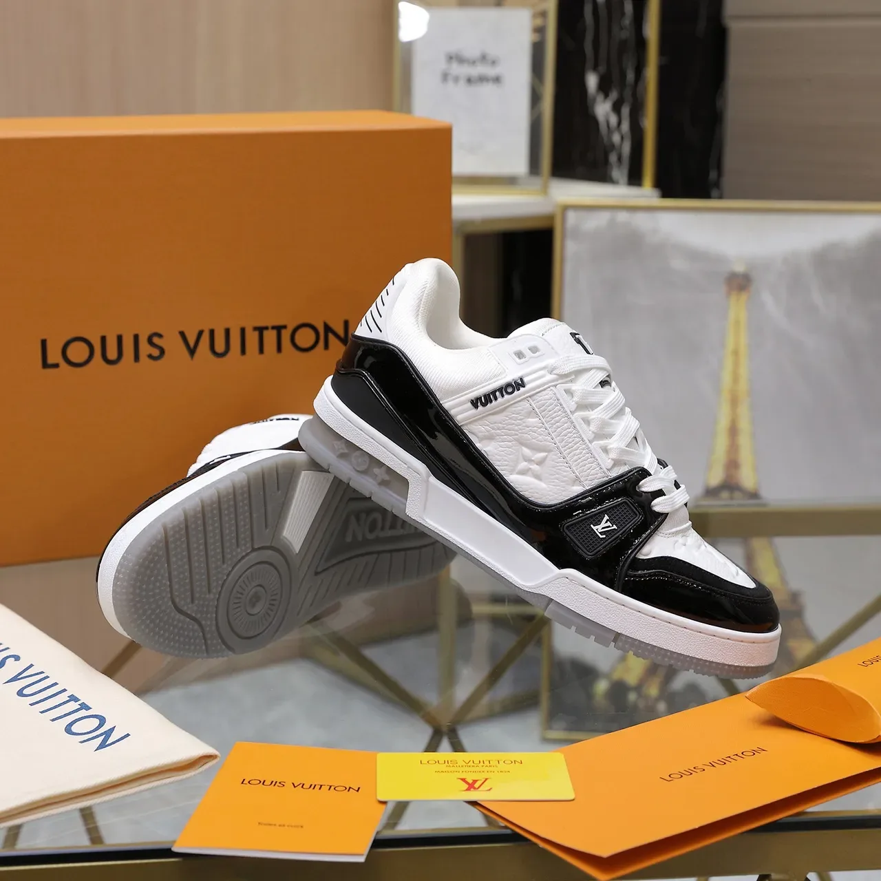 Louis Vuitton LV Trainer White Black Embossed Monogram Leather Glossy Patent Strap Lifestyle Sneakers 5