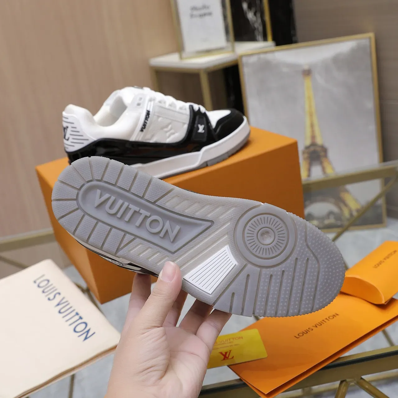 Louis Vuitton LV Trainer White Black Embossed Monogram Leather Glossy Patent Strap Lifestyle Sneakers 6