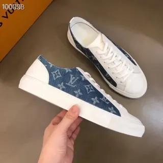 Louis Vuitton LV Trainer Blancas Azules Denim Monogram Panel Lateral Cubierta de Cuero Sneakers Lifestyle