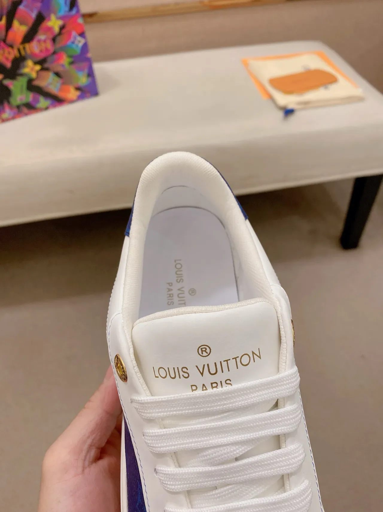 Louis Vuitton LV Trainer White Blue Low-Top Leather And Monogram Canvas Lifestyle Sneakers 4