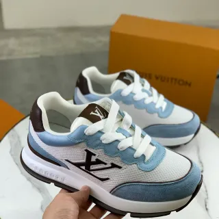 Louis Vuitton LV Trainer White Blue Mesh And Suede Panel Construction Wavy Overlay Detail Lifestyle Sneakers