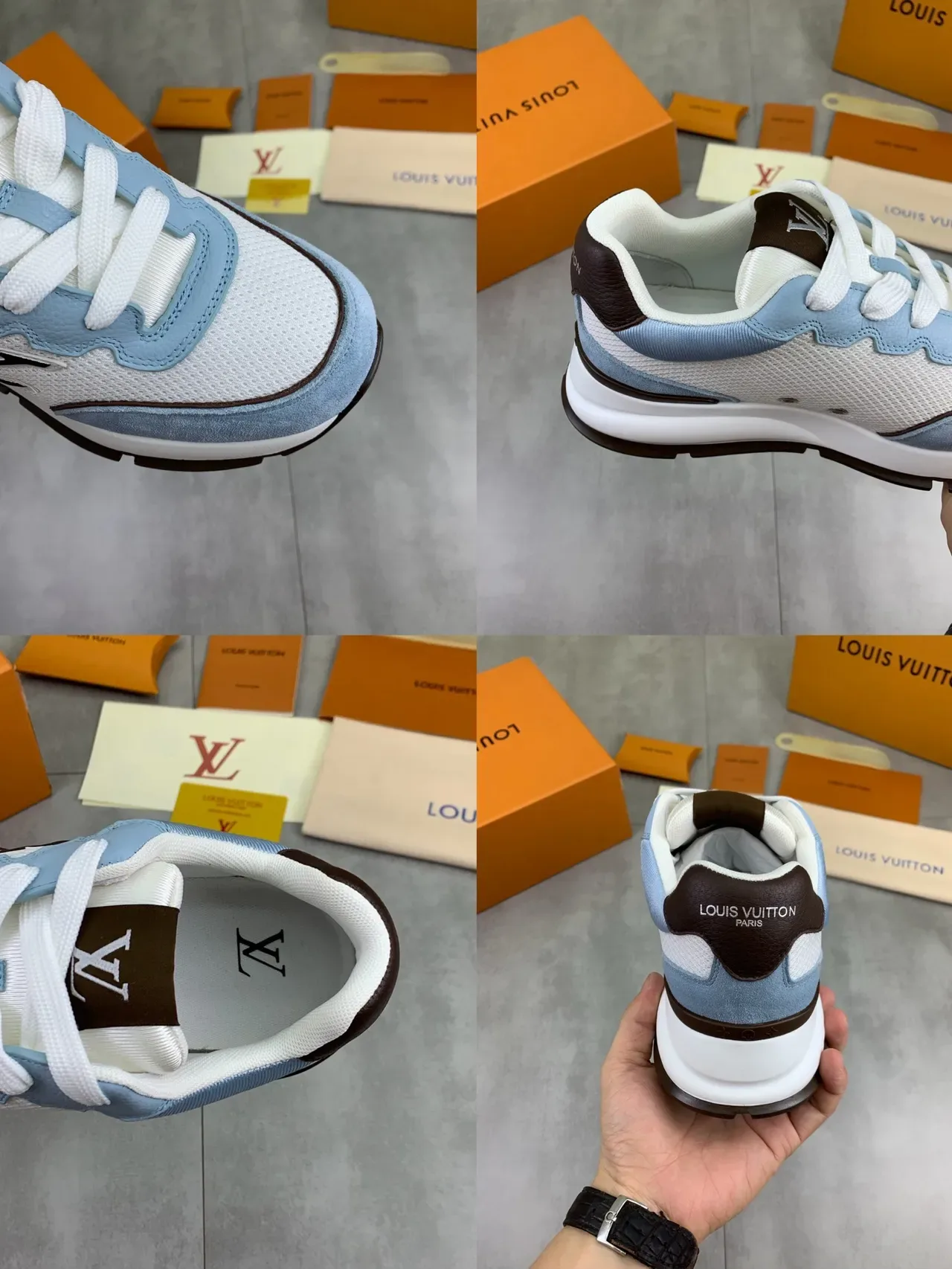 Louis Vuitton LV Trainer Blanc et Bleu Maille et Daim Panneaux de construction Détail de superposition ondulée Chaussures Lifestyle 2