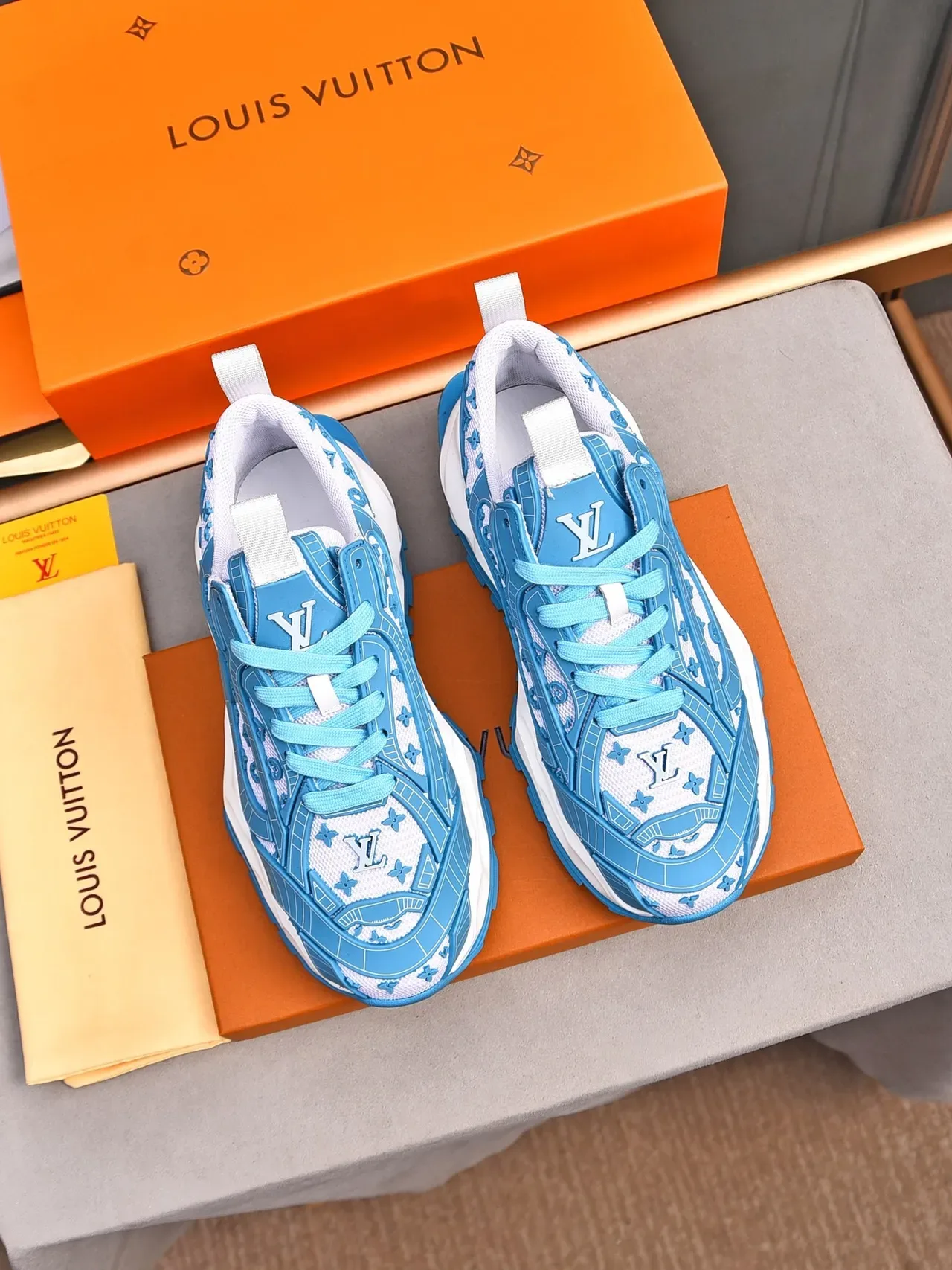 Louis Vuitton LV Trainer White Blue Monogram-Mesh Upper Molded Cage Overlay Chunky Sneakers 2
