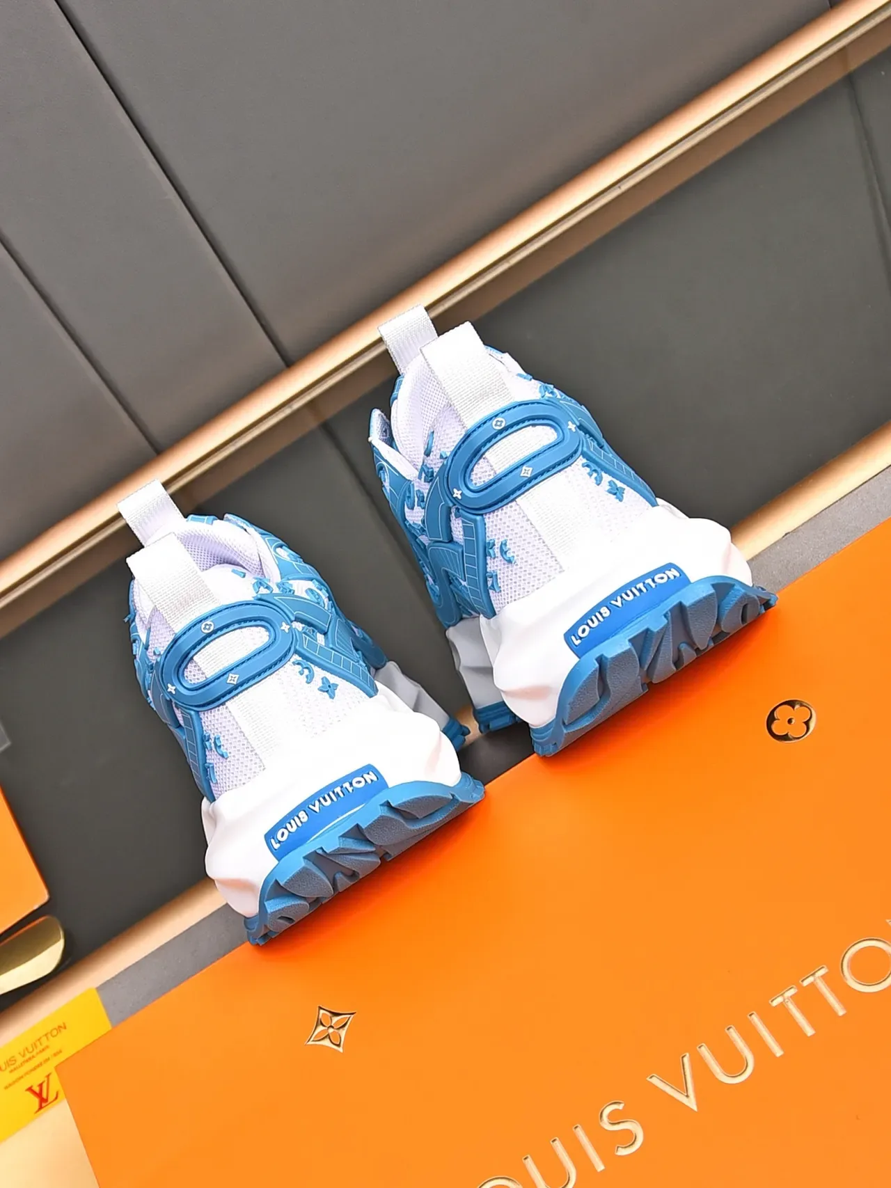 Louis Vuitton LV Trainer White Blue Monogram-Mesh Upper Molded Cage Overlay Chunky Sneakers 3