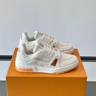 Louis Vuitton LV Trainer White Brown Textured Leather Upper Perforated Detailing Lifestyle Sneakers
