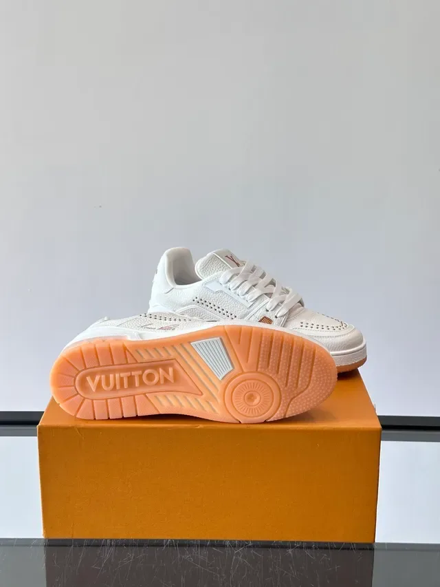 Louis Vuitton LV Trainer White Brown Textured Leather Upper Perforated Detailing Lifestyle Sneakers 2