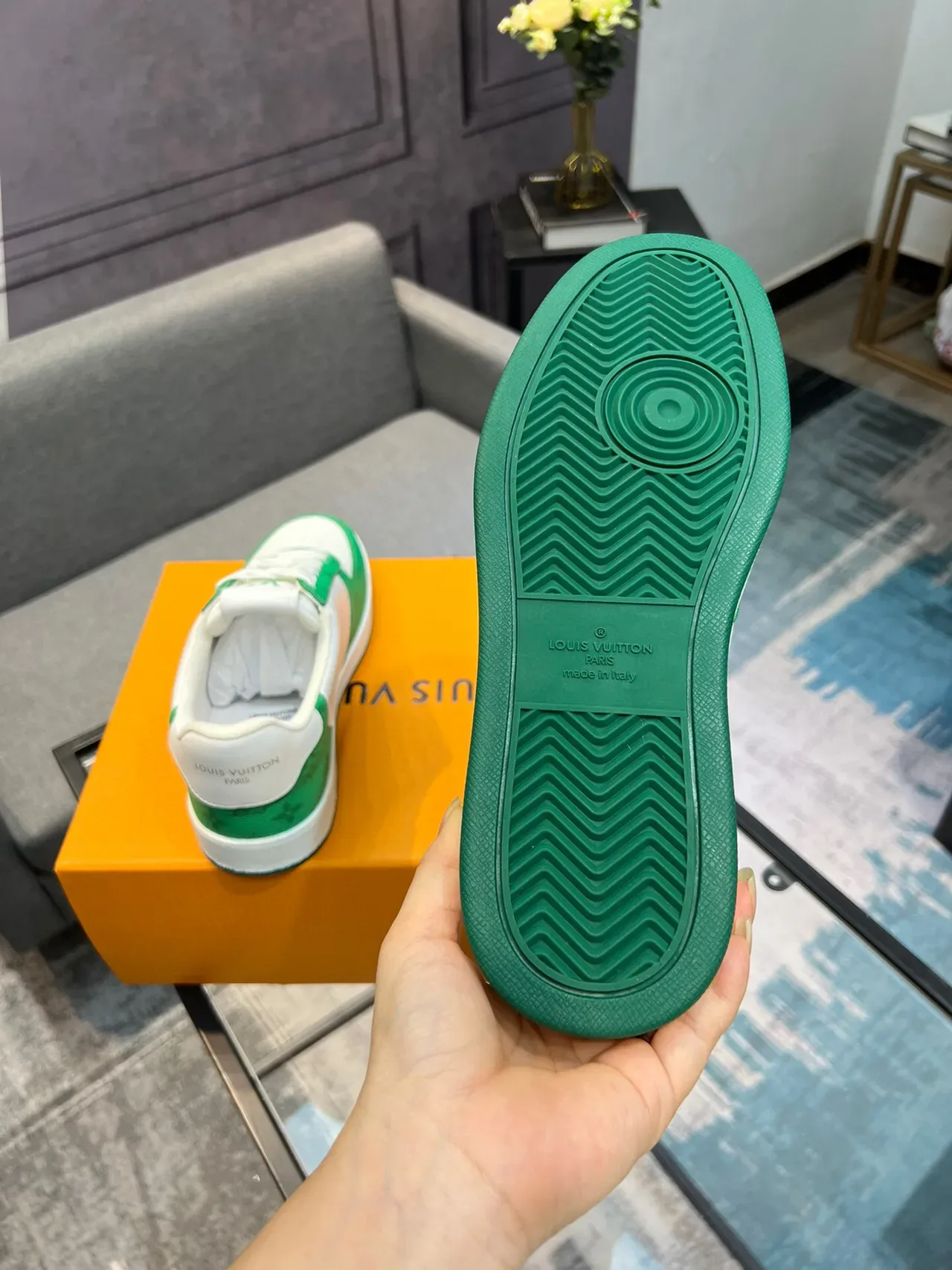 Louis Vuitton LV Trainer Blanc Vert Perforé Panneau Monogram Cuir Lifestyle Sneakers 7