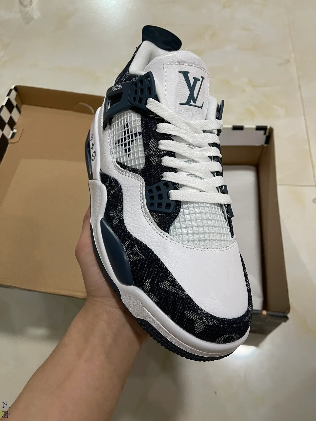 Louis Vuitton LV Trainer White Navy Monogrammed Textile Sculpted Midsole Lifestyle Sneakers 2