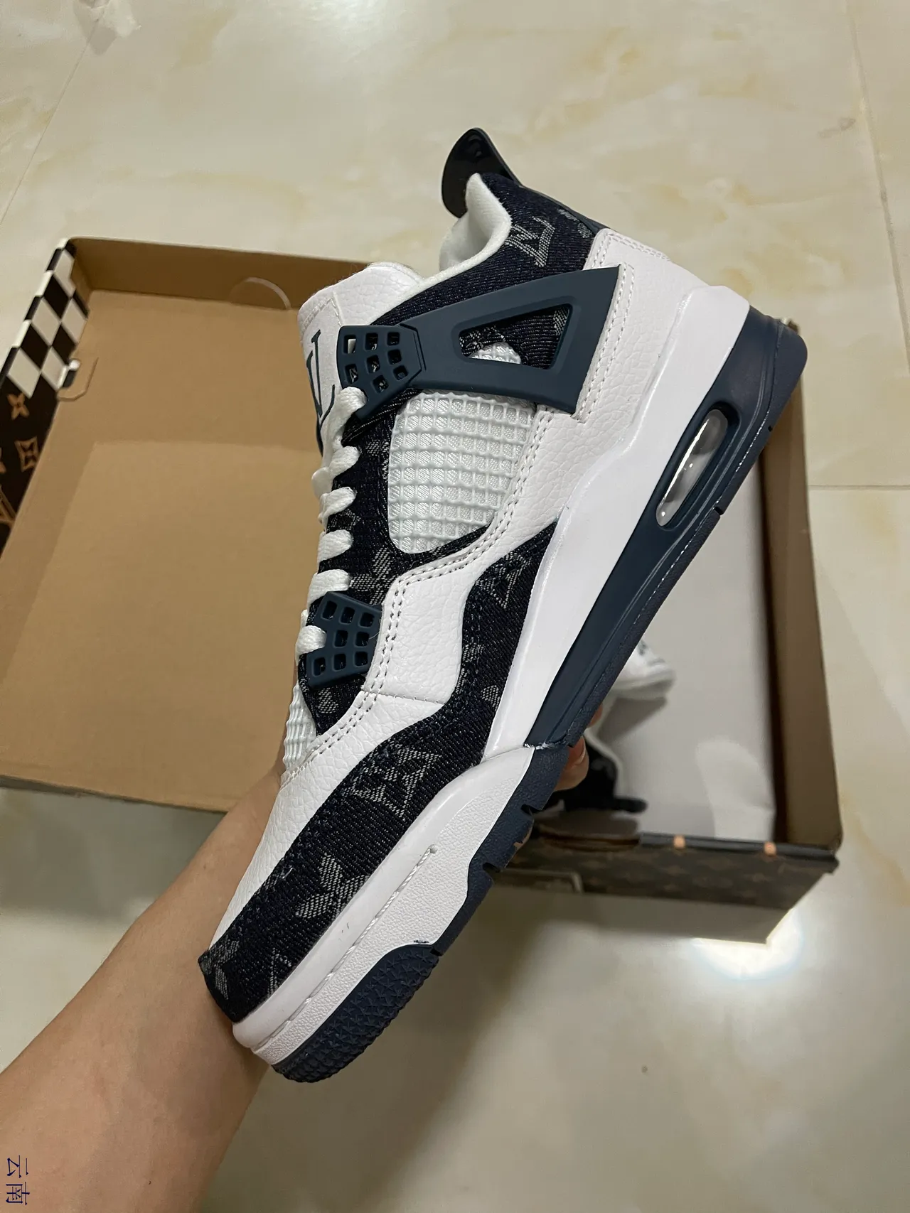 Louis Vuitton LV Trainer White Navy Monogrammed Textile Sculpted Midsole Lifestyle Sneakers 4