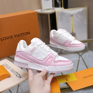 Louis Vuitton LV Trainer White Pink Embossed Monogram Leather Glossy Side Cage Lifestyle Sneakers