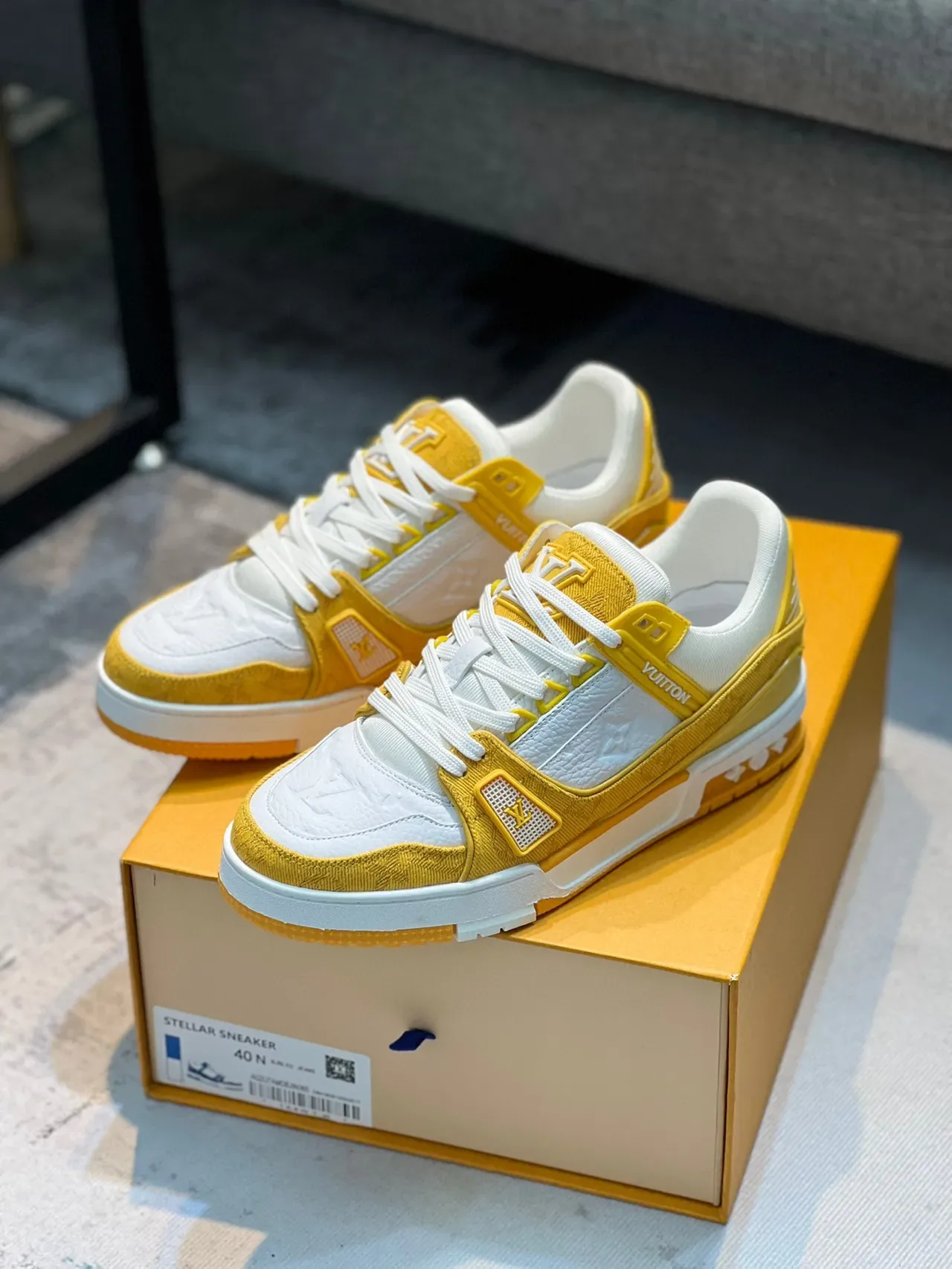 Louis Vuitton LV Trainer Yellow White Monogram-Embossed Leather Contrast-Color Strap Detail Lifestyle Sneakers 8