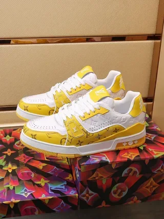 Louis Vuitton LV Trainer Yellow White Monogram-Print Leather Perforated Toe Box Lifestyle Sneakers 4