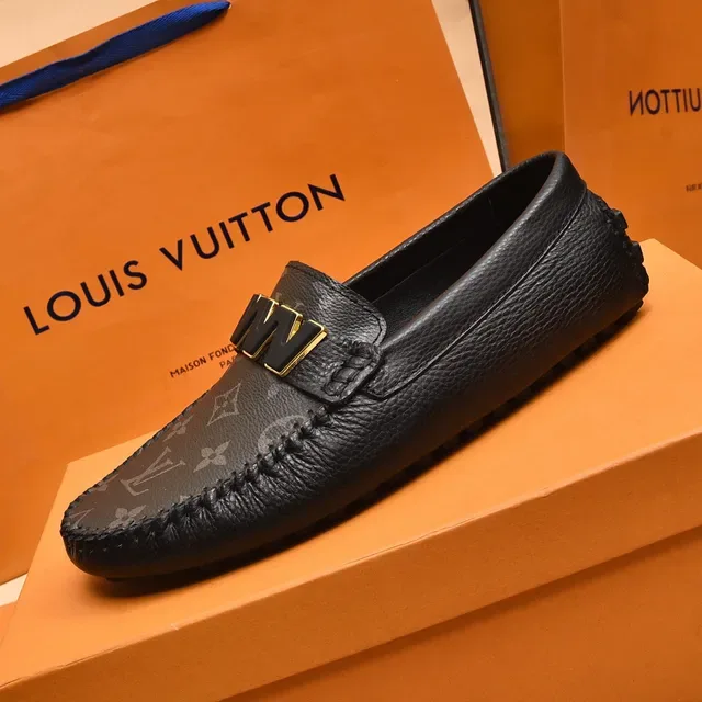 Louis Vuitton LV W Loafer Black Gold Monogram Leather Logo Loafer 5
