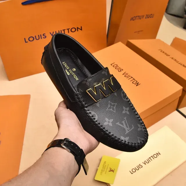 Louis Vuitton LV W Loafer Black Gold Monogram Leather Logo Loafer 6