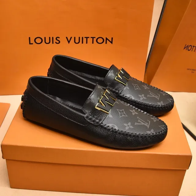 Louis Vuitton LV W Loafer Black Gold Monogram Leather Logo Loafer 8