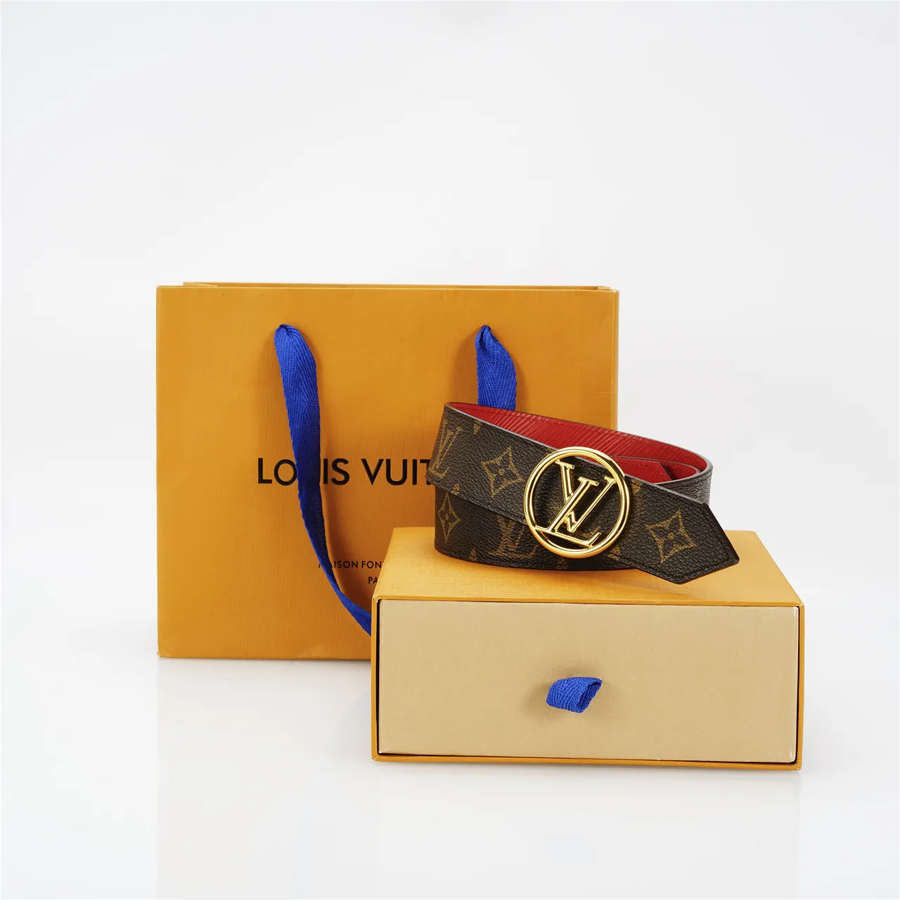 Louis Vuitton Monogram Canvas Belt Brown Gold Circular Buckle Leather Belt 4