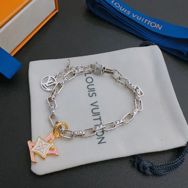 Louis Vuitton Monogram Chain Silver Pink Chunky Link Engraved Bracelet 3