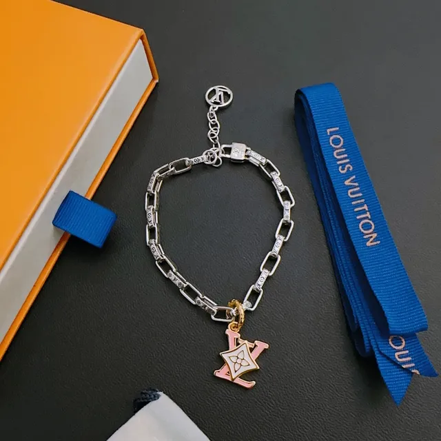 Louis Vuitton Monogram Chain Silver Pink Chunky Link Engraved Bracelet 6