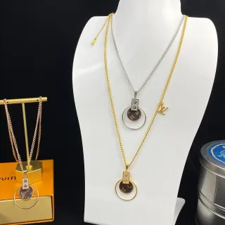 Louis Vuitton Monogram Circle Gold Silver Canvas Pendant Crystal-Embellished Rectangle Necklace