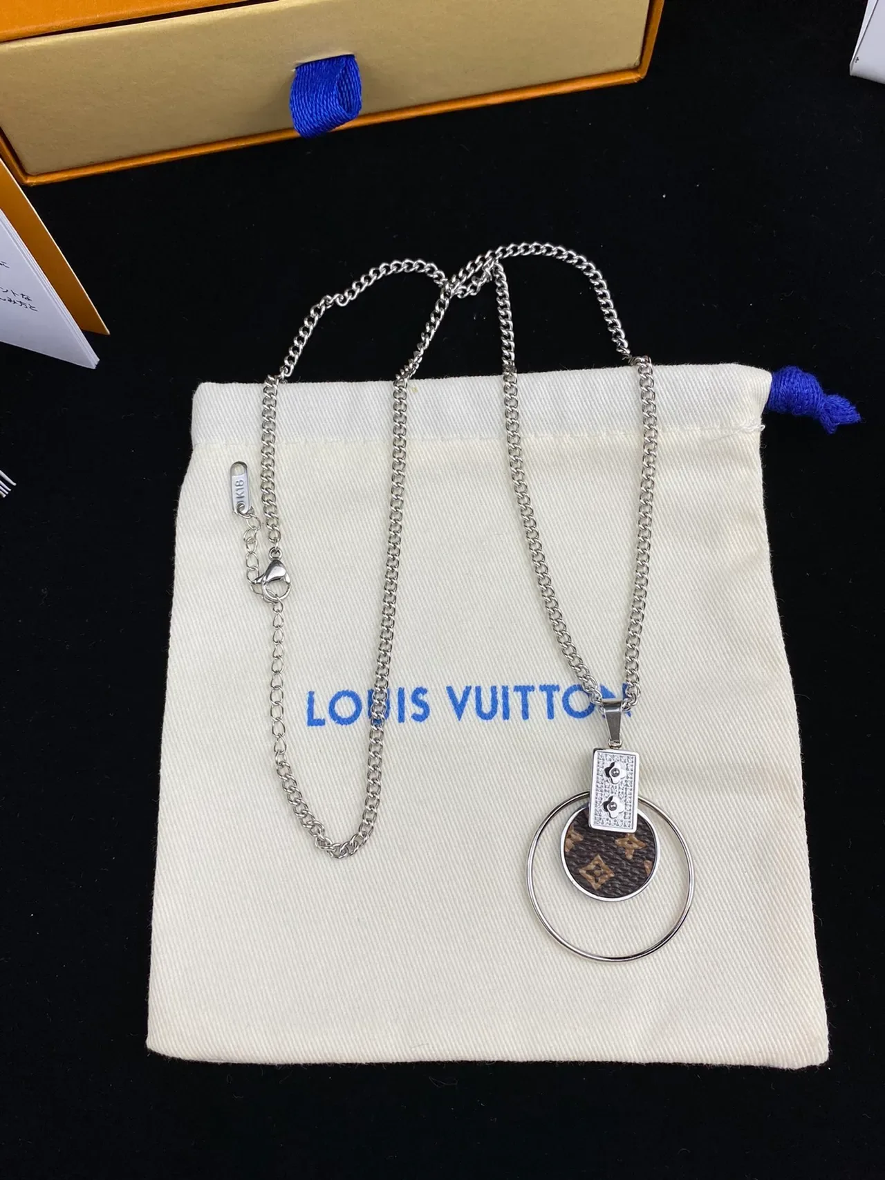 Louis Vuitton Monogram Circle Gold Silver Canvas Pendant Crystal-Embellished Rectangle Necklace 2
