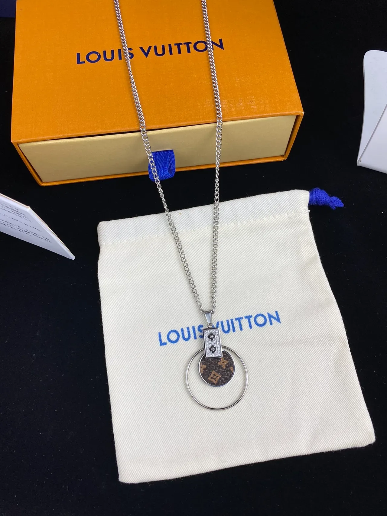 Louis Vuitton Monogram Circle Gold Silver Canvas Pendant Crystal-Embellished Rectangle Necklace 5