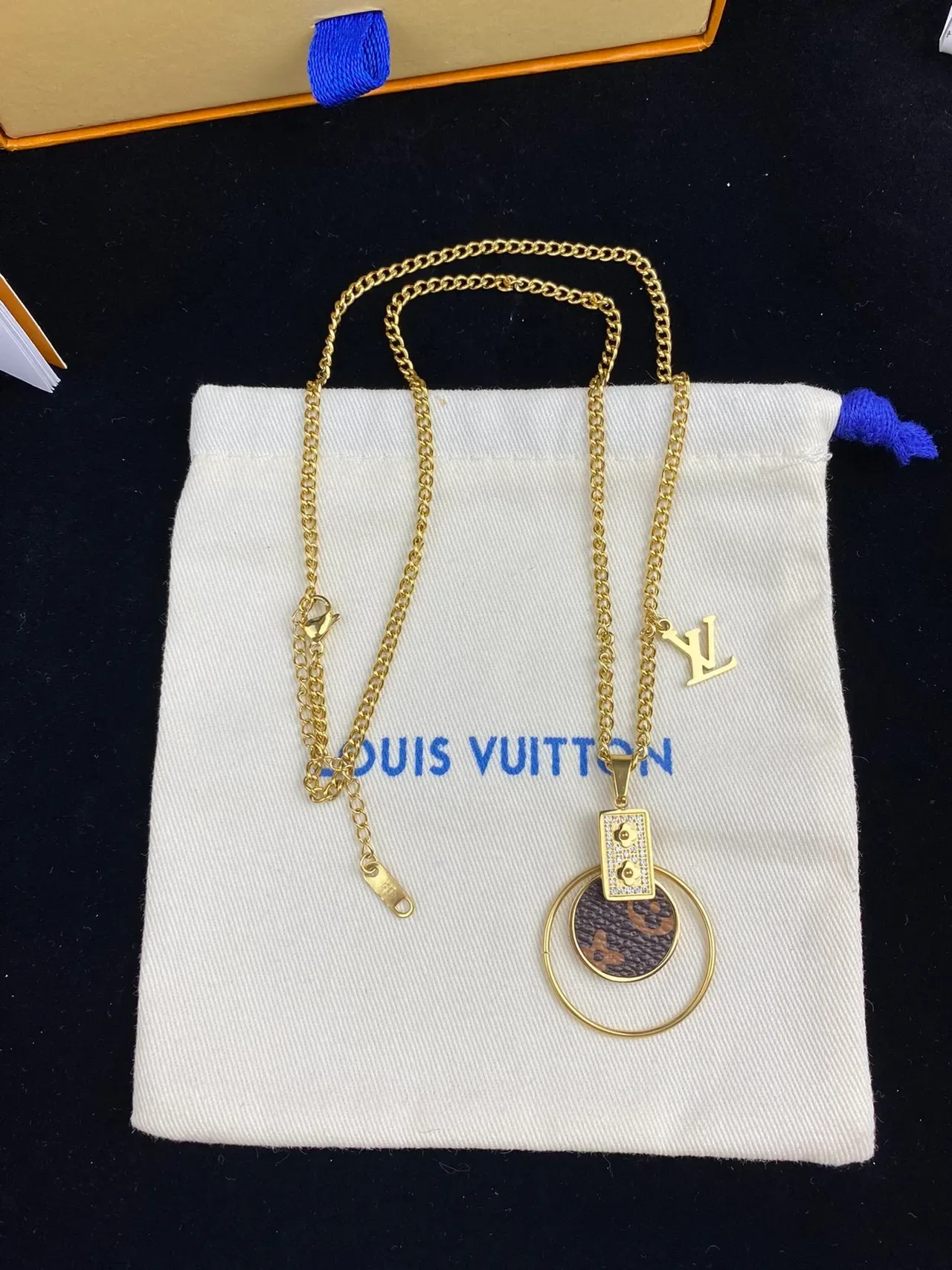 Louis Vuitton Monogram Circle Gold Silver Canvas Pendant Crystal-Embellished Rectangle Necklace 6