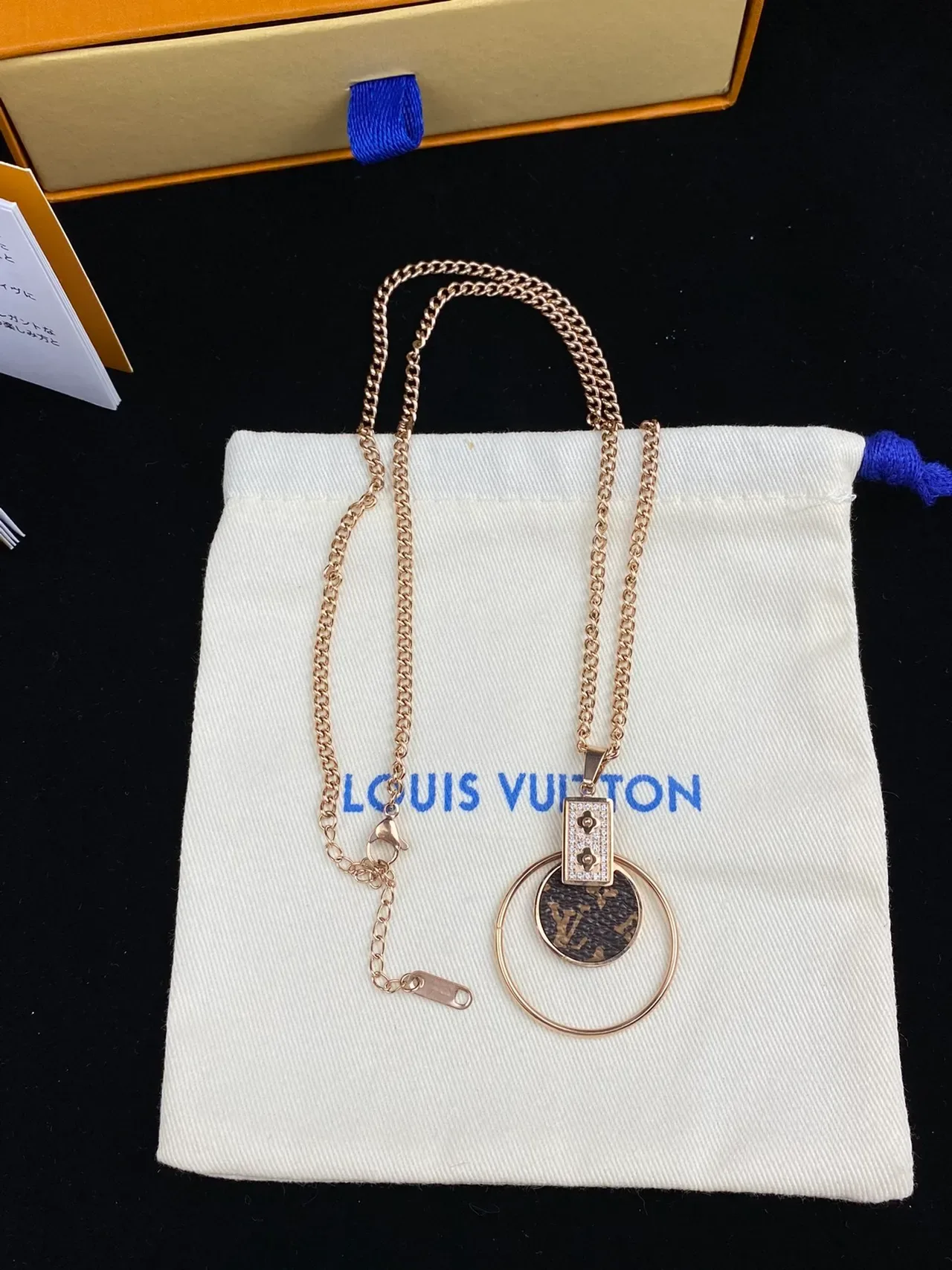 Louis Vuitton Monogram Circle Gold Silver Canvas Pendant Crystal-Embellished Rectangle Necklace 7