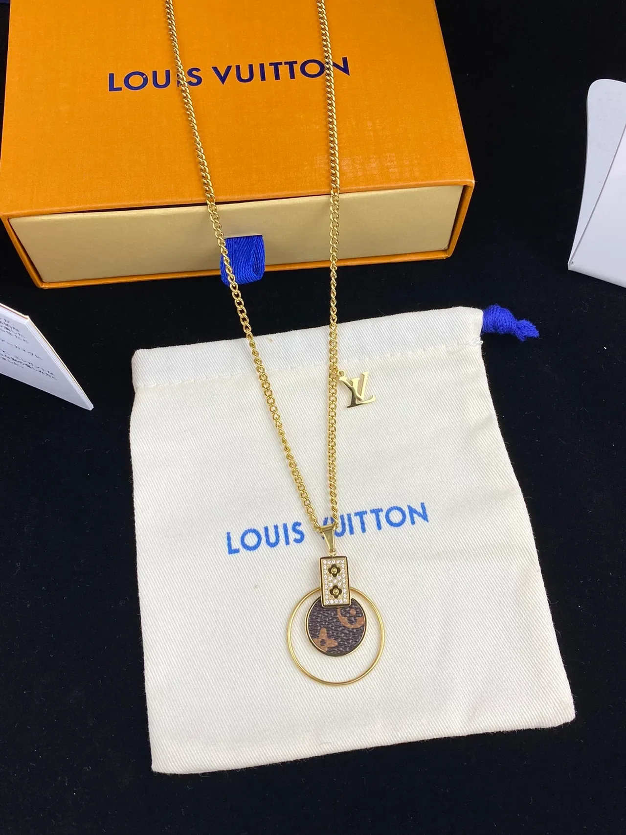 Louis Vuitton Monogram Circle Gold Silver Canvas Pendant Crystal-Embellished Rectangle Necklace 9