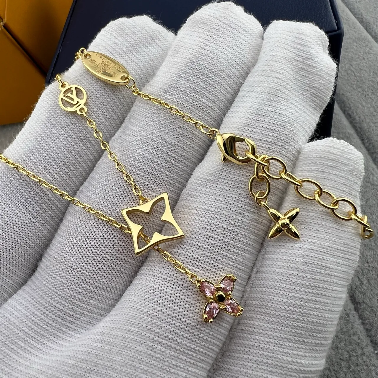 Louis Vuitton Monogram Flower and LV Star Gold-Tone Pink Stone Necklaces 4