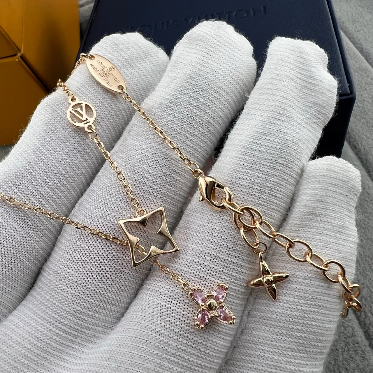 Louis Vuitton Monogram Flower and LV Star Gold-Tone Pink Stone Necklaces 5