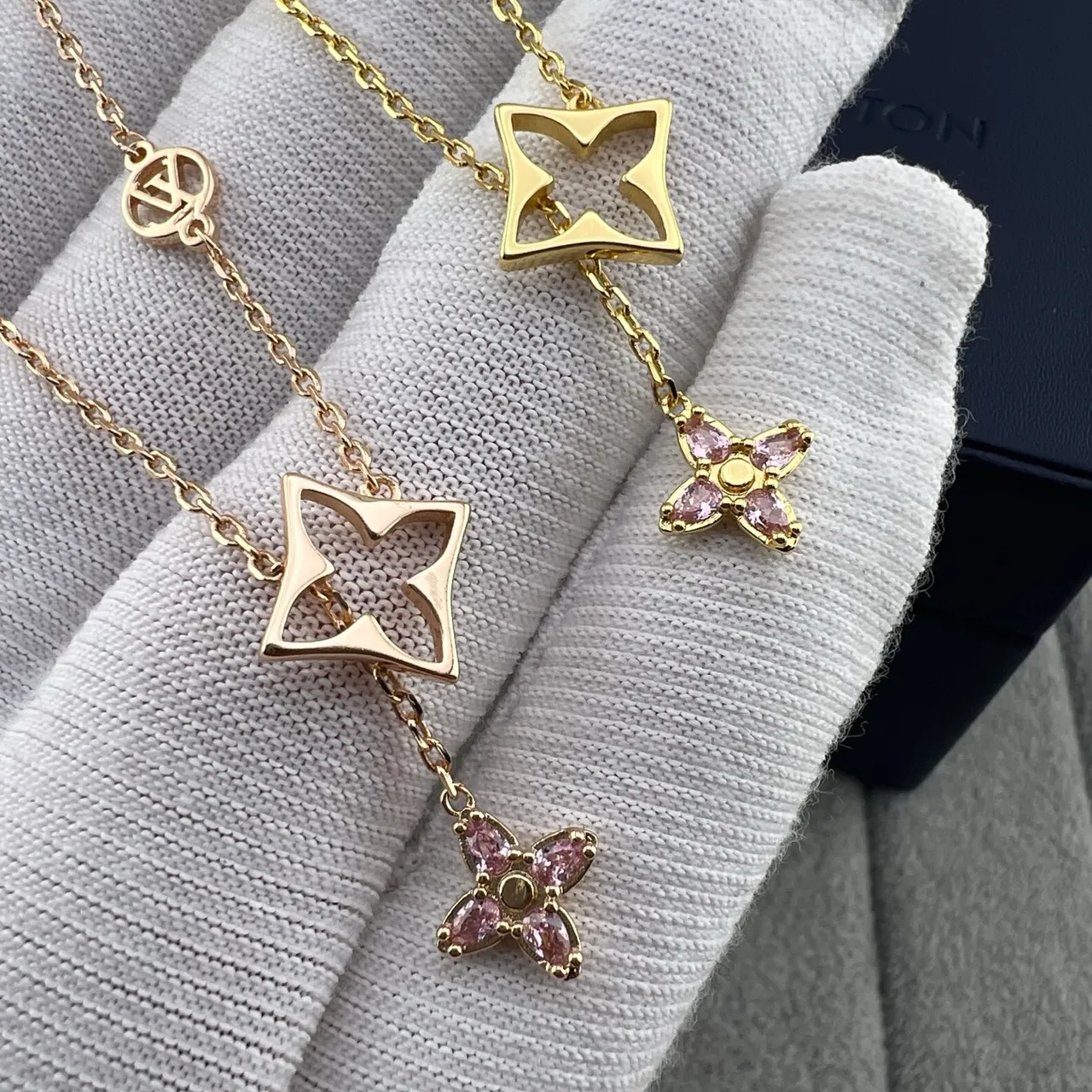 Louis Vuitton Monogram Flower and LV Star Gold-Tone Pink Stone Necklaces 6