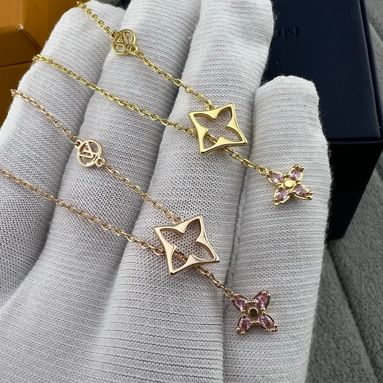 Louis Vuitton Monogram Flower and LV Star Gold-Tone Pink Stone Necklaces 7
