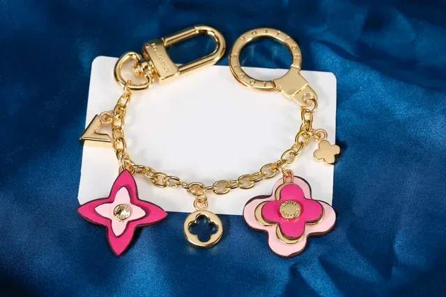 Louis Vuitton Monogram Flower Charm Chain Gold Pink Brown Jewelry 8