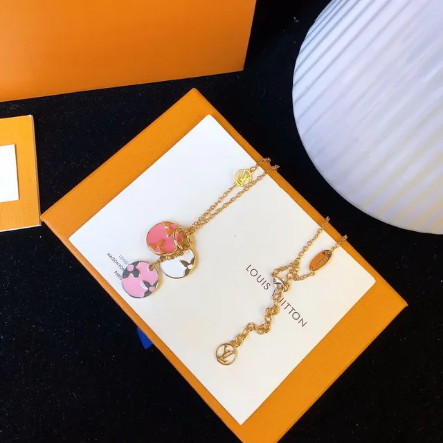 Louis Vuitton Monogram Flower Disc Necklace Gold Pink White Black Necklaces 2