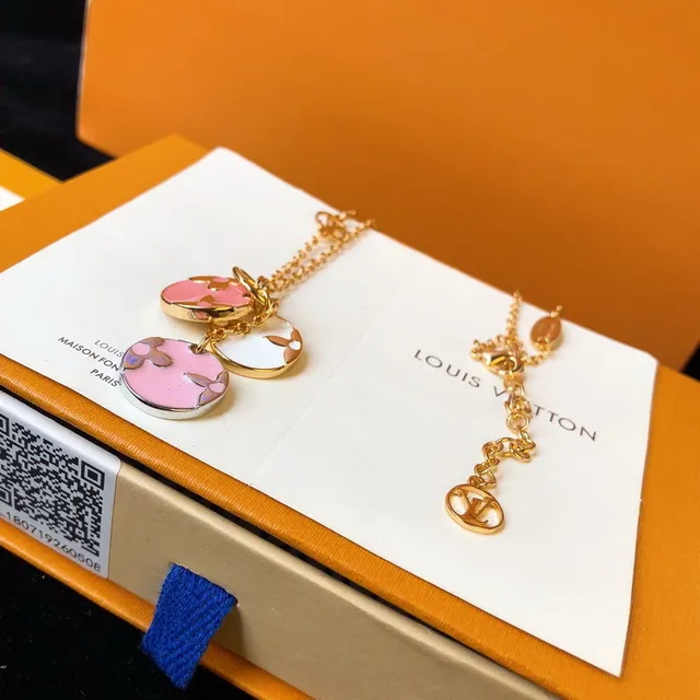 Louis Vuitton Monogram Flower Disc Necklace Gold Pink White Black Necklaces 3