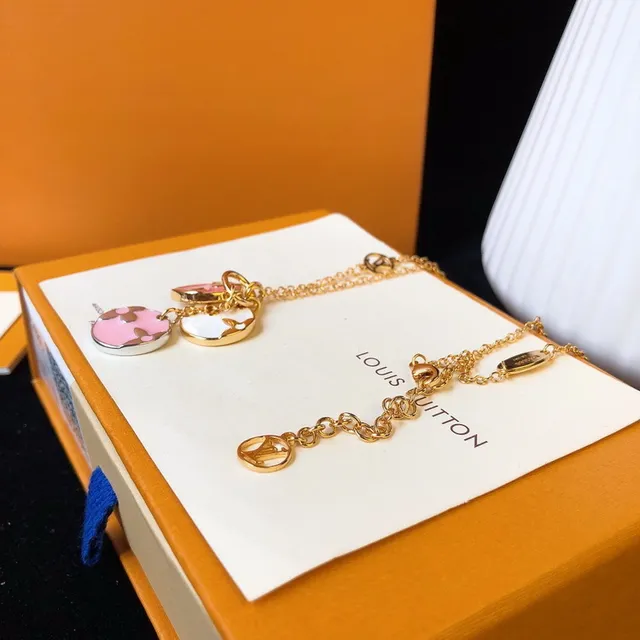 Louis Vuitton Monogram Flower Disc Necklace Gold Pink White Black Necklaces 4