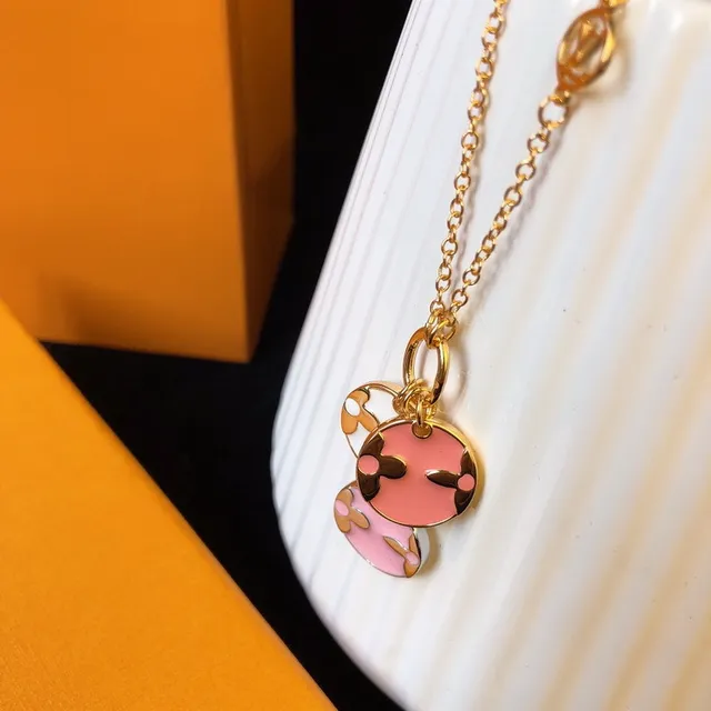 Louis Vuitton Monogram Flower Disc Necklace Gold Pink White Black Necklaces 6