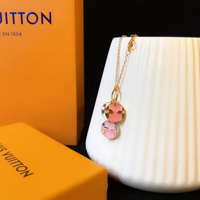 Louis Vuitton Monogram Flower Disc Necklace Gold Pink White Black Necklaces 7