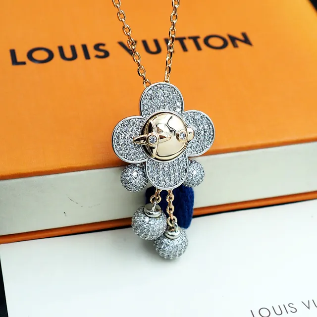 Louis Vuitton Monogram Flower Gold Silver Chain Pavé-Set Floral Pendant Necklace 3