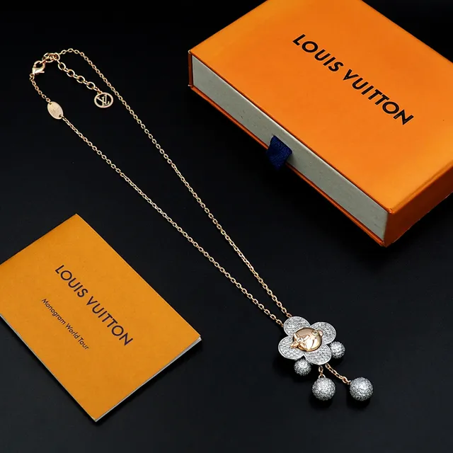 Louis Vuitton Monogram Flower Gold Silver Chain Pavé-Set Floral Pendant Necklace 5
