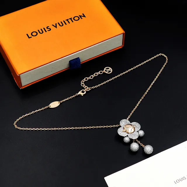 Louis Vuitton Monogram Flower Gold Silver Chain Pavé-Set Floral Pendant Necklace 7