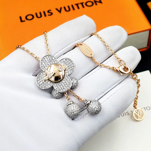 Louis Vuitton Monogram Flower Gold Silver Chain Pavé-Set Floral Pendant Necklace 8