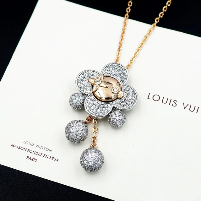 Louis Vuitton Monogram Flower Gold Silver Chain Pavé-Set Floral Pendant Necklace 9
