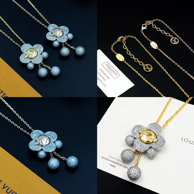 Louis Vuitton Monogram Flower Gold Silver Chain Pavé-Set Floral Pendant Necklace 10