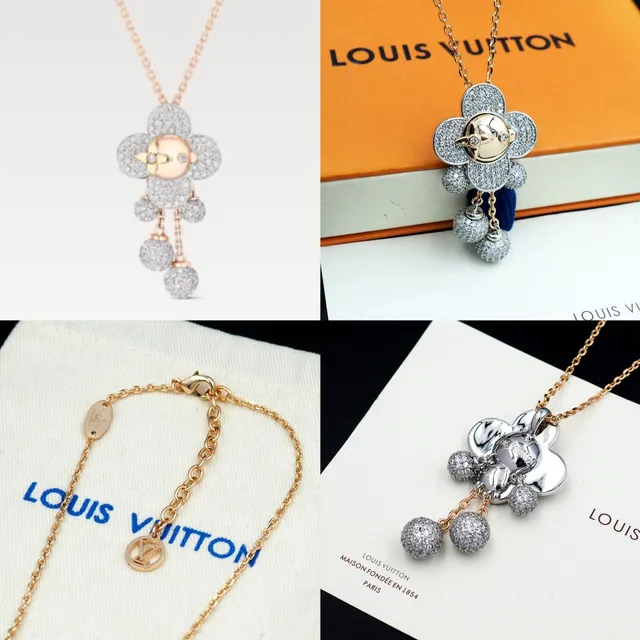Louis Vuitton Monogram Flower Gold Silver Chain Pavé-Set Floral Pendant Necklace 12